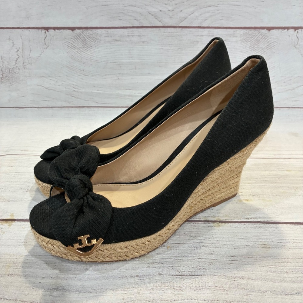 Tory Burch Espadrille Wedge Shoes Womens 7 Black Canvas Bow Peep Toe Logo